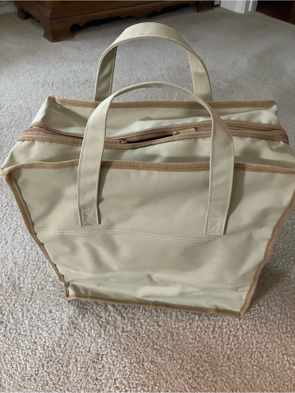 Canvas Shoe Tote in beige with Tan Trim